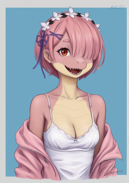 1girl, ram (re:zero), by kodoto, furry female, dragon girl, furry, :d, bare shoulders, breasts, camisole, cleavage, cropped torso, hair ornament, hair over one eye, hairclip, jacket, looking at viewer, off shoulder, open clothes, open jacket, open mouth, pink hair, pink jacket, red eyes, short hair, signature, small breasts, smile, solo, upper body, white camisole, x hair ornament, 
 <lora:ais05:1>