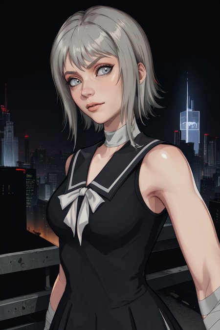 Neon,grey eyes,white hair,
black school uniform,bandages,  sleeveless, 
night,castle,cyberpunk,looking at viewer,
(insanely detailed, masterpiece, best quality),
solo,<lora:Neon:0.8>,