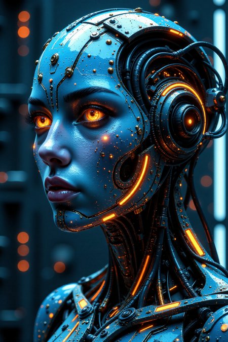 A highly detailed cybernetic humanoid with a metallic blue face, seamlessly integrated into an intricate mechanical system. Its synthetic skin is adorned with golden circuits, embedded microchips, and glowing orange energy lines. The androidâs large, expressive eyes are filled with a deep artificial intelligence presence, scanning its surroundings. Wires, gears, and complex technological components intertwine around its head and body, connecting it to a vast futuristic mainframe. The environment is a dark, neon-lit cybernetic core, pulsating with energy, evoking a futuristic AI-driven world where machines and consciousness merge.
<lora:aidmaFLuxPro1.1_v0.3:0.5> <lora:aidmaImageUpraderv0.3:0.4> <lora:aidmaMJ6.1_v0.5_3:0.3> <lora:ck-shadow-circuit:0.3> <lora:Kodak Motion Picture Film style v1:0.6> <lora:midjourney_whisper_flux_lora_v01:0.4> <lora:Midjourney_Dreamlike_Fantasy_FLUX_LoRA:0.3> <lora:more_details:0.8> <lora:Super_Eye_Detailer_By_Stable_Yogi_SDPD0:0.6> <lora:UltraRealPhoto:0.3> <lora:flux-colourful:1> <lora:Servitor_-_Warhammer_40000_Flux:1>