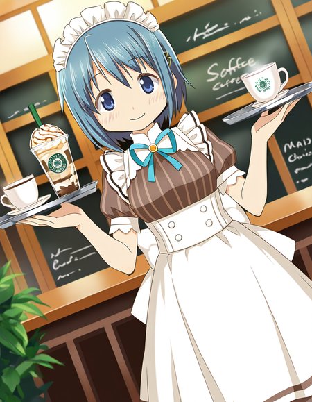 masterpiece, best quality, newest, absurdres, highres, safe, 1girl, miki sayaka \(maid costume\), magia record: mahou shoujo madoka magica gaiden, solo, tray, coffee shop, dutch angle, <lora:miki_sayaka_noobaiXLNAIXL_vPred10Version:0.7>