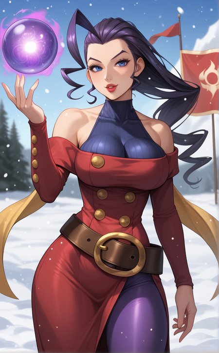 score_9, score_8_up, score_7_up, standing, blue eyes, black hair, solo focus, snow, magic, blurry, orb, looking at viewer, fire, blurry background, flag, banner, snowing, depth of field, outdoors,  <lora:PONYXL_StreetFighter_Rose_ownwaifu:1>, BREAK MainOutfit_Rose_ownwaifu, 1girl, hagoromo, hair slicked back, huge ahoge, long hair, purple eyes, purple hair, single hair intake, yellow scarf, bare shoulders, shoulder cutout, clothing cutout, halterneck, lips, large breasts, turtleneck, makeup, off shoulder, scarf, belt, off-shoulder dress, red dress, detached sleeves, lipstick, jewelry, pantyhose, nose, leotard, antenna hair, cleavage, loose belt, long sleeves, side slit, buttons, purple pantyhose, covered collarbone, sidelocks, asymmetrical hair, brown belt, impossible clothes, long dress, flipped hair, forehead, narrow waist, skin tight, belt buckle, sleeveless turtleneck, thick thighs,<lora:add-detail-xl:0.15>,