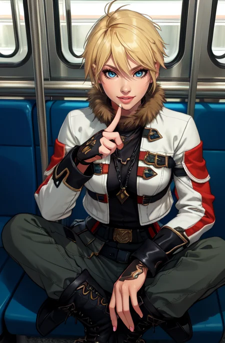 Leo,blonde hair,solo,short hair,blue eyes,lips,
upper body,smile, sitting, 
chain,gloves,fingerless gloves,belt,fur trim,pants,white jacket,boots,long sleeves,black footwear,
jewelry, on train,morning, 
(insanely detailed, beautiful detailed face, masterpiece, best quality)  <lora:Leo-10v7:0.6>