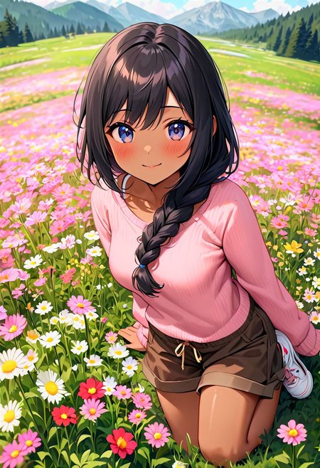 <lora:more_details:1>, drawn by master artist, tan skin, beautiful detailed skin, beautiful eyes, best quality, high quality, vivid colors, everything in sharp focus, black hair, (1 braid), dark blue eyes, full body, sitting in a field of flowers, alpine meadow, mountain background, outdoors,  pink tank top, (brown shorts), sneakers, slight smile, pov from above, medium breasts,, <lora:Flower field_20230729165144:0.3>, flower field,