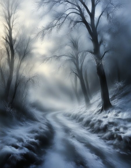 novuschroma style landscape in winter in wispy vapor <lora:102_novuschroma_1:1>