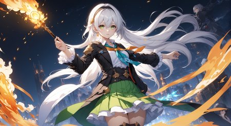 (masterpiece, top quality, best quality, official art, beautiful and aesthetic:1.2)
white_shirt,shirt,thighhighs,green_thighhighs,sparkle,looking_at_viewer,highres,covering_own_mouth,jacket,aqua_eyes,hypermin,green_skirt,honkai:_star_rail,hairband,black_jacket,frills,long_sleeves,firefly_\(honkai:_star_rail\),sam_\(honkai:_star_rail\),long_hair,two-tone_eyes,frilled_sleeves,yellow_eyes,henshin_pose,honkai_\(series\),black_hairband,cowboy_shot,1girl,neckerchief,holding,orange_neckerchief,skirt,fire,white_hair
highres, ultra high res, 4k, 8k, intricate detail, cinematic lighting, amazing quality, wallpaper <lora:aesthetic_anime_v1s:1.2>  <lora:fiasco_A1:1>
