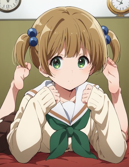 score_9, score_8_up, score_7_up, source_anime, <lora:satsuki-suzuki-s3-ponyxl-lora-nochekaiser:1>, satsuki suzuki, short hair, bangs, brown hair, hair ornament, twintails, green eyes, light brown hair, hair bobbles,, long sleeves, school uniform, serafuku, sailor collar, neckerchief, sleeves past wrists, cardigan, white sailor collar, kitauji high school uniform, green neckerchief, skirt, pleated skirt, brown skirt,, clock tower, clock, height, landmark, hands, , <lora:the-pose-ponyxl-lora-nochekaiser:1>, the pose, on stomach, feet up, lying, soles, feet, legs up, head rest, barefoot, looking at viewer, solo,, dutch angle, cowboy shot