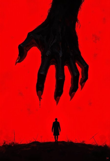 A dark, dramatic poster, likely for a film or movie. 
The central focus is a large, shadowy, clawed hand, reaching downward against a vibrant, blood-red sky. The hand is in sharp contrast with the intense color, appearing black and almost like a monstrous or demonic presence. 
Below the hand, a silhouetted figure of a person stands out against the same crimson background, walking toward the hand. The figure is small in scale compared to the overwhelming, monstrous hand. The figure is simple, a solid shape, and in silhouette, conveying a feeling of vulnerability.
The background is entirely red, lending an ominous and foreboding atmosphere. The red, textured vaguely, suggests maybe a stormy sky or other similar strong backdrop. The overall impression is one of a supernatural confrontation, dread, or a powerful allegorical story.
<lora:FLUX-daubrez-DB4RZ-v2:1> DB4RZ, DB4RZ style painting