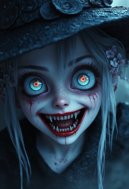 breath-taking image of  a crazy terrifying witch, yet oddly captivating and alluring face, blending elements of horror with an attractive exaggerated anime-like style. The characterâs skin is pale, almost ghostly. glowing, hypnotic iris that contrasts starkly against her other eye, , giving her a disturbing, lopsided appearance. Her mouth is stretched into an unnerving, wide grin, revealing sharp, exaggerated fangs . Her lips are crazily smeared with bright red lipstick, intensifying the eerie expression, adding to the grotesque scene.
The characterâs hair is messy and adorned with  small flowers, enhancing her corrupted, otherworldly nature. She wears a witches hat , lending her a regal but nightmarish aura. The overall vibe is a mix of horror, dark fantasy, and anime influences, combining detailed grotesque elements with the exaggerated features typical of anime characters.
she crafts a potions over a very large  boiling cauldron placed on the ground. she   wears a witches robe inside a highly detailed dark witches hut
highly detailed dark nightmarish night time background detailed skin texture, subsurface scattering award-winning, professional, highly detailed  skin and makeup. dreamlike, mysterious, provocative, symbolic, intricate, detailed <lora:aidmaMJ6.1:1> aidmamj6