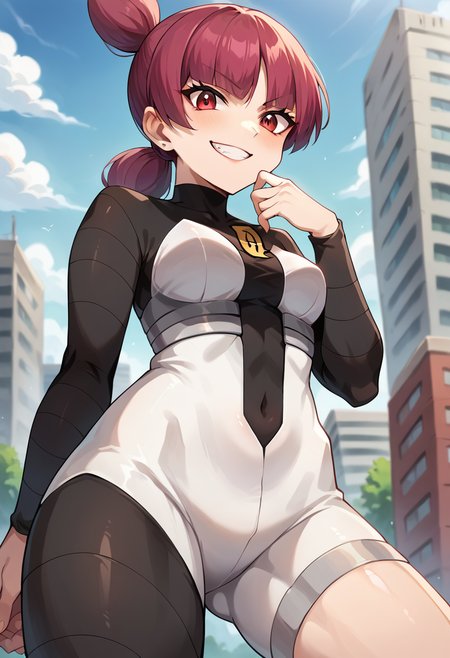 score_9, score_8_up, score_7_up, source_anime, masterpiece, 1girl, ct_jup1t3r, red eyes, bodysuit, asymmetrical legwear, logo, underbust, from below, evil grin, hand on chin,looking at viewer, outdoors, city, depth of field,  <lora:Jupiter_pokemon_ct:1>, rating_safe,