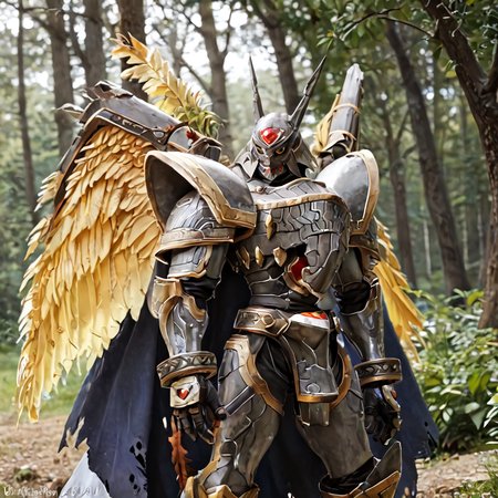 score_9, score_8_up, score_7_up, score_6_up, score_5_up, score_4_up, rating_safe,RAW,cinematic film still cinematic photo breathtaking,depth of field,film grain,alphamon,solo,yellow eyes,forhead jewel,cowboy shot,wings,cape,outdoors,forest, <lora:AlphamonPony:1> <lora:sdxl_lightning_4step_lora:1>
