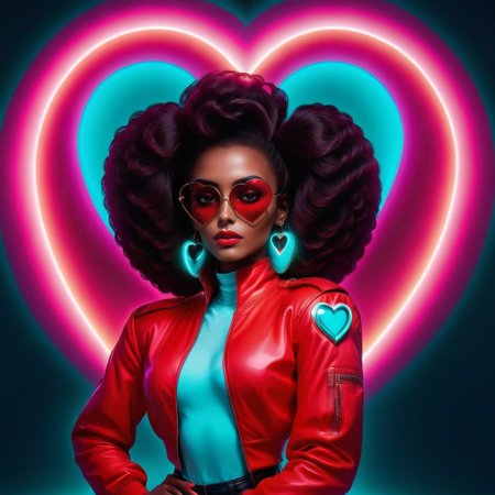 glamorous photo  <lora:NeonHeartv4:0.8> Neon Heart, dark skin women with poofy hair . high fashion, luxurious, extravagant, stylish, sensual, opulent, elegance, stunning beauty, professional, high contrast, detailed