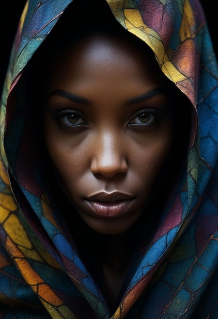 Close-up face, mysterious silhouette of an exotic coloured woman in worn down cape, goddess, alluring, by Minjae Lee, Carne Griffiths, Emily Kell, Steve McCurry, Geoffroy Thoorens, Aaron Horkey, Jordan Grimmer, Greg Rutkowski, amazing depth, double exposure, surreal, geometric patterns, intricately detailed, bokeh,  perfect balanced, deep fine borders, artistic photorealism , smooth,  great masterwork by Suiras  <lora:add-detail-xl:2>  <lora:Double_Exposure:0.5>