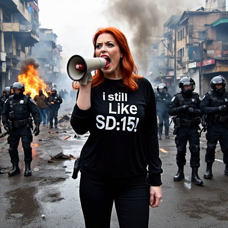 A powerful, thought-provoking image of a woman with fiery red hair, dressed in a black outfit, shouting through a megaphone. The shirt she wears boldly displays the word 'Truth' in white capital letters. The chaotic urban backdrop consists of burning buildings, a smoky sky, and debris-strewn streets. Police officers in riot gear stand in the background, adding a sense of tension to the scene. The text 'I still like SD1.5!!!' is prominently displayed in a bold, explosive font, emphasizing the woman's passionate message.