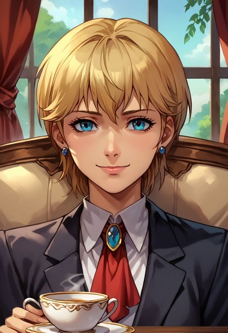 score_9, score_8_up, score_7_up, source_anime,
, (best quality) , (highly detailed) ,masterpiece ,absurdres ,detailed face ,beautiful face , (masterpiece, best quality, very aesthetic, ultra detailed), intricate details, 4k,
Hildegard,score_9,score_8_up,1girl,female,kawaii,solo,short ,feminine, hair,earrings,suit,white collared small breasts, shirt,ascot,brooch,upper_body,looking_at_viewer,smile,closed mouth,sitting,couch,table,window_,curtains,stretching your spine,cup,teacup,saucer,parody,
OverallDetail
