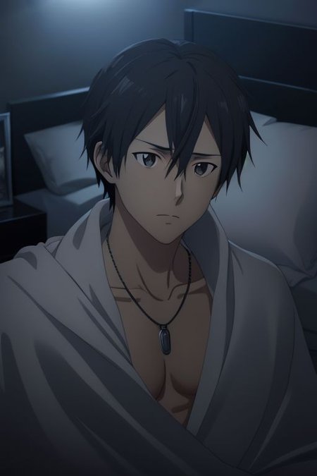 high resolution, solo, best quality, 1Boy, Kazuto Kirigaya, portraits, Black Hair, Black Eyes, bedroom, dimly lit, pillow, blanket, necklace, upper body quarter, shirtless, sixpack, horny, OverallDetail