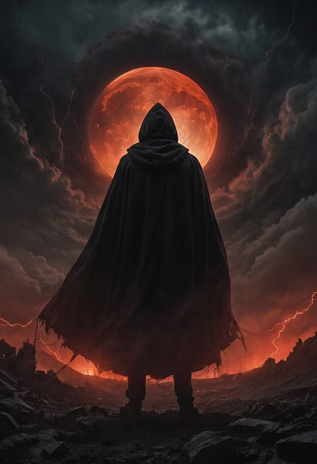 cinematic shot, digital painting, (masterpiece, best quality:1.5), apocalyptic, the sky opens into a black hole, with red lightning streaking through, 
a shadowy figure stands in a black hooded cloak, shadow hands reach for him, silhouette, dramatic lighting, film grain, ominous, visually captivating, a red moon, contrasting shadows, extremely detailed, hkstyle