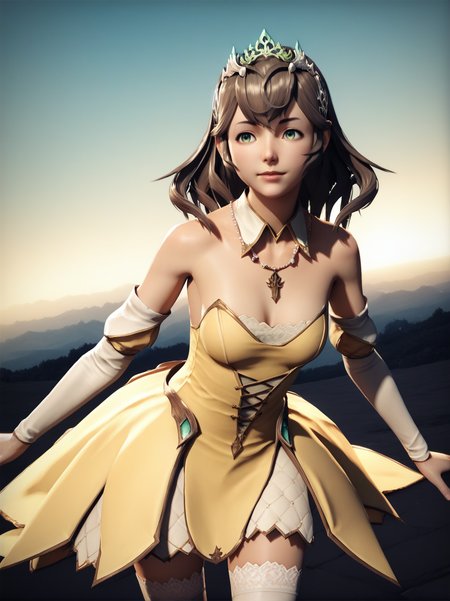 score_9, score_8_up, score_7_up,,
, dynamic pose, dynamic angle, v, leaning forward, light smile, cowboy shot, dutch angle, medium breasts, valley, sky blue, warm light,
 <lora:AQueenSphene_character:0.85>, realistic, 3d, SpheeXL, green eyes, brown  hair, jewelry, hair ornament, long hair, tiara, necklace, detached sleeves, detached collar, thighhighs, yellow dress, dress,