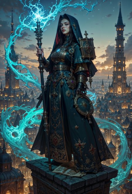 Standing atop a crumbling tower, a wizard surveys the battlefield below, her staff alight with swirling runes of blue and gold. Her elaborate robes shimmer with arcane symbols that shift and pulse as if alive, and her long hair is streaked with strands of pure magic, glowing softly in the twilight. She holds an ancient tome in her hand, its pages turning as if by an unseen wind, each word written in a language older than the stars. Her eyes glow with the knowledge of the universe, and as she raises her staff, the air around her crackles with raw energy, bending reality to her will. Constellations seem to dance around her, and with a single word, she summons a massive arcane barrier to shield her allies from the chaos below.