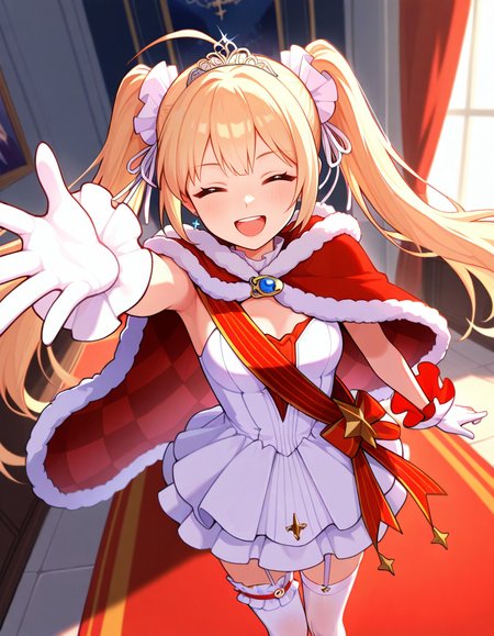 <lora:AzlaAmazon_SDXL_Illustrious_fp16_ver02:1>,AzlaAmazonANV, 1girl,twintails,white thighhighs, blue eyes, blonde hair,garter straps, fur-trimmed cape,white dress, ahoge,shoulder sash,white hair bow,tiara,detached sleevess,milestone celebration, smile,newest,closed eyes, open mouth, red carpet,room, masterpiece, best quality, very aesthetic, absurdres,<lora:detailed_hands:1>,hand