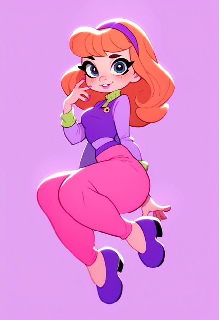 score_9, score_8_up, score_7_up, score_6_up, score_5_up, score_4_up, Sunshiu Style, Poochie Science Style, 1girl, Daphne Blake, Daphne's clothes, pink leggings, purple shoes, short stack, flat art style, 2d Art, in a bedroom