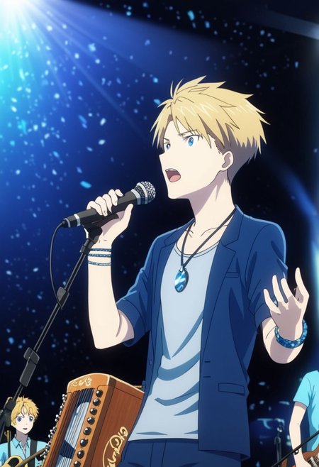 high resolution, professional photography, best quality, 1Boy, Yamato Ishida, blond hair, deep blue eyes, necklace, idol, singing, potrait, dept of field, virtual concert, musical instrument, playing musical instrument, necklace, bracelet, sneakers, OverallDetail