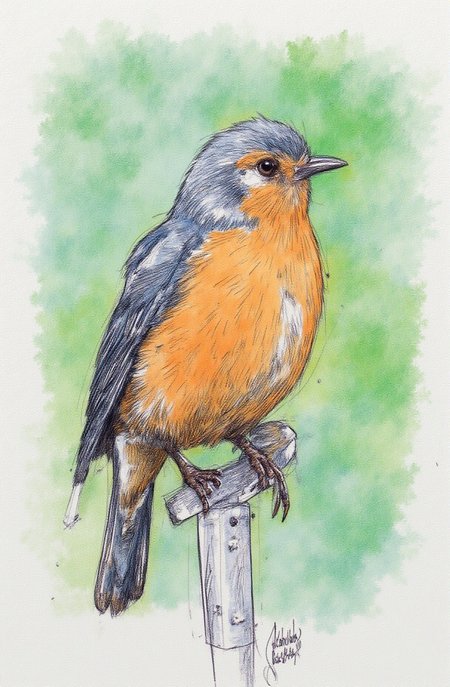Sharp image of a rough sketch, rendered in vibrant multi colour ballpoint pen, capturing the adorable features of a portait of a small bird perched on a metal pole. The bird is facing towards the right side of the image and its head is turned slightly to the left. It has an orange breast and a grey back and wings. Its beak is black and it appears to be looking off into the distance. The background is blurred, but it seems to be a garden or wooded area with green foliage.  p3nsk, <lora:p3nsk:1>