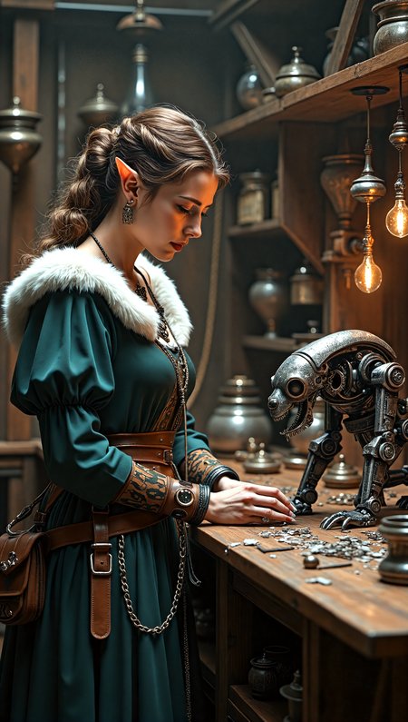 female tinkerer building an elaborate robot in an elven laboratory, medieval garments,intricate details,  embedding:EZRealPONYXL,