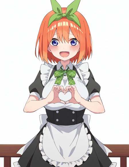 score_9, score_8_up, score_7_up, source_anime, <lora:yotsuba-nakano-s2-ponyxl-lora-nochekaiser:1>, yotsuba nakano, bangs, short hair, blue eyes, hair between eyes, hair ribbon, hairband, orange hair, green ribbon, large breasts,, <lora:moe-moe-kyun-ponyxl-lora-nochekaiser:1> heart-shaped boob challenge, moe moe kyun! heart hands, enmaided, maid, maid headdress, apron, maid apron, ,, open mouth, blush, embarrassed, clsoed eyes, smile,, cowboy shot