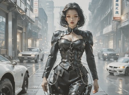 score_9, score_8_up, score_7_up, setting focus, character in foreground, establishing shot, woman, pale skin, large breasts, <lora:sm0k3XLP:1>, <lora:goth_clothes:1>, lace-up cords, corset, black combat boots, Black hair, white highlights, <lora:Always_In_Flux_Style:1>, <lora:0779 science fiction world_v1_pony:1> ruanyi0779, science fiction, neon lights, cable, industrial pipe,