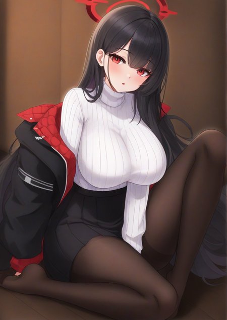 1girl, rio (blue archive), huge breast, black hair, black jacket, black pantyhose, black skirt, breasts, halo, head tilt, jacket, large breasts, long hair, long sleeves, looking at viewer, no shoes, pantyhose, red eyes, ribbed sweater, sitting, skirt, solo, straight hair, sweater, very long hair, wariza, white sweater,  <lora:Minus_ZERO:0.8>