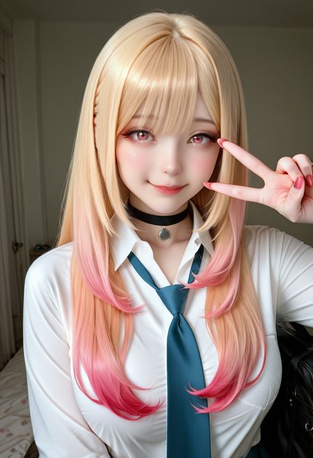 masterpiece, best quality, amazing quality, realistic, 21 year old model, medium breasts,   upper body, (detailed eyes, soft lips, soft skin), closed mouth,   1girl, solo, long hair, looking at viewer, smile, bangs, blonde hair, shirt, red eyes, school uniform, white shirt, upper body, multicolored hair, necktie, choker, collared shirt, nail polish, fingernails, v, gradient hair, black choker, piercing, red nails, pink nails, long fingernails, blue necktie, kitagawa marin  highly detailed, film grain, rim lighting looking at the viewer, curvy, beautiful detailed face, beautiful green eyes, long pink hair, skin pores,  ,  <lora:R3alB3auty_IXL_v1:1.0>,