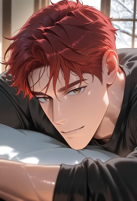 //General, masterpiece,best quality,amazing quality, source_anime, intricately detailed illustration, very aesthetic, absurdres, newest, anime coloring, subsurface scattering, , natural lighting, Expressiveh, detailed skin, shiny skin,aesthetics light, depth of field, vibrant colors,
//Fashion, black shirt, long sleeves, 
//Background, castle interior, indoors, snow background outside the window, 
//Others, 1boy, male focus, solo male, manly body, 
//Action, looking at viewer,  light smile, close up, upper body,
BREAK,
Jang_Jaeyoung, brown eyes, red hair