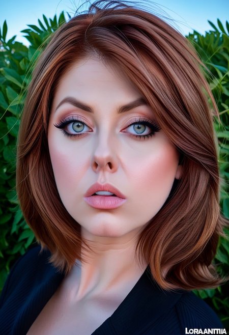Voluptuous Attractive, 30 year old woman, straight auburn hair, slutty, pouting, big eyes, close-up 
Outside
<lora:Nitai:1.0>