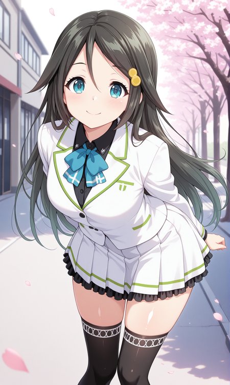 1girl, solo, masterpiece, best quality, amazing quality, street, cherry blossoms, shiny skin, looking at viewer,  <lora:izumi_reina_illust_scarxzys:1>, izumi reina, blue eyes, black hair, long hair, parted bangs, hair ornament, school uniform, white jacket, blue bowtie, long sleeves, white skirt, pleated skirt, frilled skirt, frills, black thighhighs, smile, leaning forward, arms at side, black shirt
