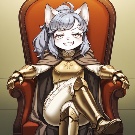 BREAK, <lora:Sheena_Falafel:1>, Sheena Falafel, Fuga: Melodies of Steel, kemono, furry female, young female, 1girl, cat girl, white fur, grey eyes, pastel blue hair, long hair, ahoge, bangs, sidelocks, animal ears, cat ears, animal nose, pink nose, Fuga 2 appearance, ponytail,
BREAK, Fuga 3 Outfit, metal boots, white pants, white top, gauntlets, brown cape,
BREAK, solo, inside, looking at viewer, sitting in chair, legs crossed, smug, grin, steepling