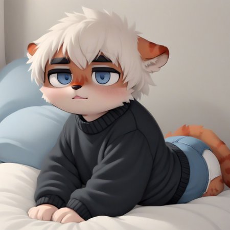 ((milkytiger)), white hair, blue eyes, tiger, furry, black sweater, gray shorts, 1boy, solo, sitting, in bed, shy, blush