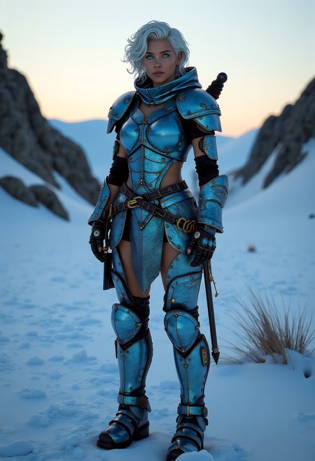 vikingpunk style  mature  radiant female (XX) italian, tan skin, turquoise eyes, character, Regular body build, short curly down white hair, ,, wearing a icy blue dragon scale armor, shock absorbent boots, mechanical_legs, set in  a niflheim-wastelands outpost, a fortified bunker equipped with geothermal generators and ice-mining drills, a precarious foothold in the hostile environment. , at dawn,,   <lora:flux_trainer/moxiePunk_v4D>
