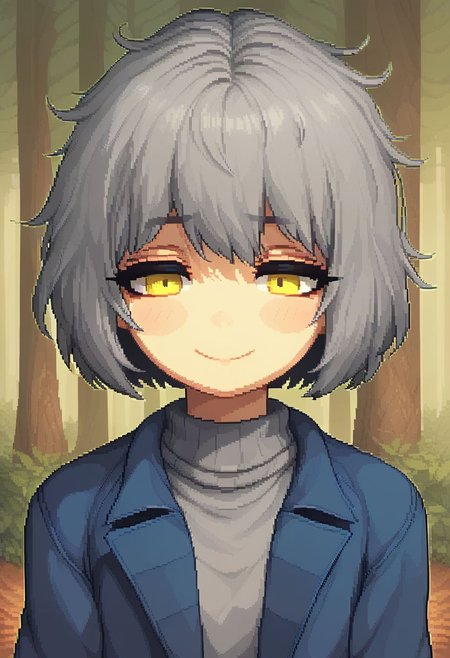 Pixel_Art,
1girl, solo, portrait, bangs, smile, blush, grey hair, short hair, yellow eyes, messy hair, bob cut, closed mouth, half-closed eyes, grey shirt, blue coat, eyelashes, turtleneck, shirt, shy, coat, outdoors, forest, day