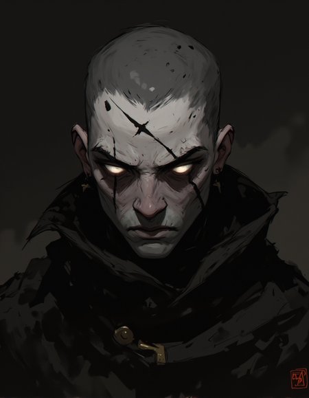 Ev Ganin style. This is a digital drawing in a dark, gritty style, depicting a haunting, androgynous figure with an unsettling, otherworldly appearance. The subject has a pale, almost translucent complexion, with a shaved head and a pronounced, angular jawline. Their eyes are an eerie, glowing white, devoid of pupils, giving them a menacing, almost supernatural look. The face is marked with subtle, jagged, dark lines, enhancing the edgy, intense expression. <lora:Ev_Ganin:1.0>