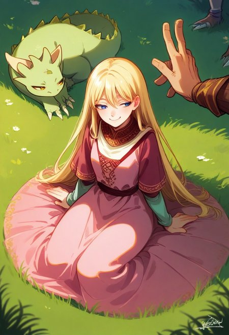 <lora:SkyDollXLV37:0.25>, <lora:alessandrobarbucci:0.15>,
young female, blue eyes, blonde hair, long hair, smile, sitting on ground, half-closed eyes, looking at another, pink dress,
green baby dragon, yellow eyes, sitting, looking at another, 
field, high grass, outdoors,
solo focus,
fantasy, medieval,
, 5_fingers, <lora:AlessandroBarbucci:0.6>