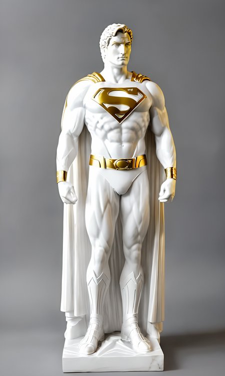 a Greek statue of Superman, best quality, masterpiece,  <lora:cstatuesdxl:1>, cstatuesdxl, white and gold, flowing cape, action pose