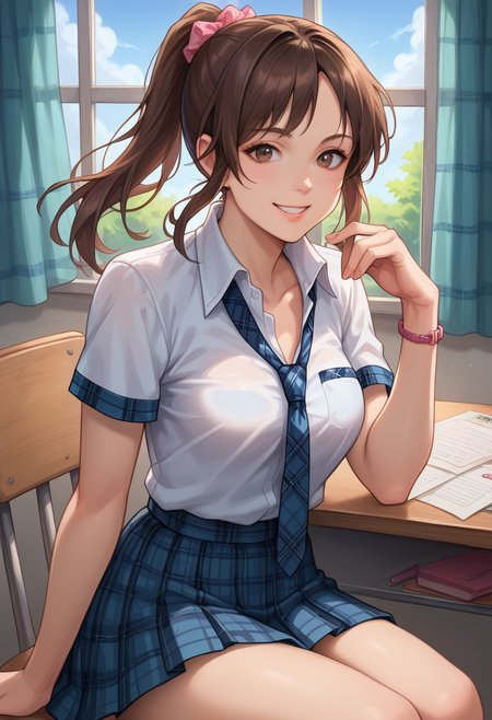 score_9, score_8_up, score_7_up,  source_anime,  BREAK solo, 1 girl,   <lora:HikariMiyamotPony:0.9>, MYMTHKSL, brown hair, brown eyes, ponytail, school uniform, plaid necktie, short sleeves, white shirt, plaid skirt,  collared shirt,  sitting, thighs, bedroom,breasts, close-up, smile, looking at viewer, curtains, desk, 1girl, solo, pink bracelet,