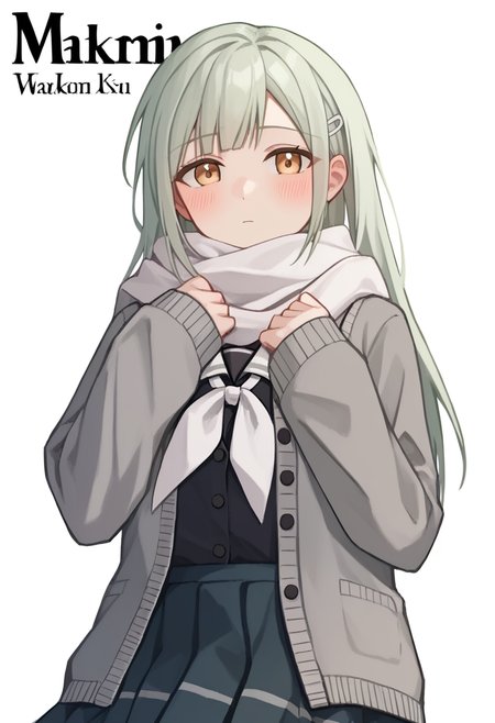 score_9,score_8_up,score_7_up,<lora:wakaba_mutsumi_tomori_pony_v1:1>,simple_background, white_scarf, looking_at_viewer, hairclip, white_background, commentary, highres, sidelocks, solo, upper_body, white_neckerchief, black_skirt, 1girl, long_sleeves, ear_blush, open_cardigan, wakaba_mutsumi, black_shirt, artist_name, tsukinomori_school_uniform, grey_cardigan, pleated_skirt, sleeves_past_wrists