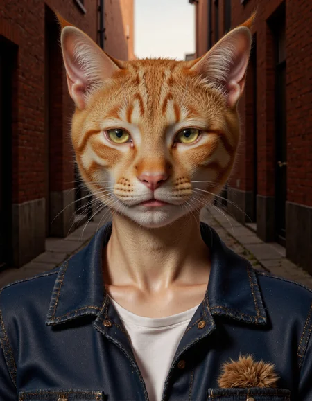 <lora:humanimality2:1>, This is a highly detailed CGI rendering of a cat's face superimposed onto a human body. The cat's face, with its bright orange fur, green eyes, and prominent whiskers, is centered in the image. The cat's expression is neutral, giving a calm and composed appearance. The human body, which is partially visible, is dressed in a blue denim jacket with a white shirt underneath. The jacket has a collar and two visible buttons. The background depicts a narrow alleyway between two brick buildings, with a cobblestone path leading into the distance. The alley is bathed in soft, natural light, suggesting it is either early morning or late afternoon. The texture of the brick walls and the smooth surface of the cobblestones are rendered with precision, enhancing the overall realism of the scene. The image captures a blend of human and animal characteristics, combining the anthropomorphic style with a realistic portrayal of textures and lighting. The overall mood is serene and slightly nostalgic, with a focus on the cat's calm demeanor and the peaceful ambiance of the alleyway.