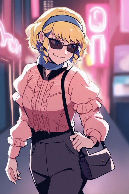 masterpiece, best quality, 1girl, solo, <lora:feconstance-illu-nvwls-v1-000005:1> dfCon, multicolored hair, blonde hair, blue hair, short hair, blue eyes, blue hairband, earrings, sunglasses, smirk, pink blouse, black pants, handbag, city, walking, happy, night, neon signs