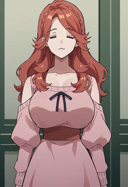 score_9, score_8_up, source_anime, 1girl, solo, =w=, :3, = =, eyes closed, Lucrezia_UM, red hair, amber eyes,  large breasts, pink sweater dress, <lora:ChamElfExpressionPonyXL:1>