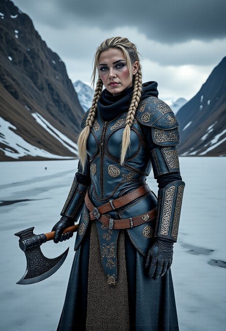 A captivating image emerges, focusing on a vikingpunk warrior-princess with her presence commanding attention in the icy wasteland. Her futuristic viking armor based on traditional viking armor, a seamless fusion of technology and her athletic form, slim-athletic form highlights her strength and agility. The warrior's twin braids with shaved sides, frames her determined expression, while her piercing eyes bore into the viewer. Ancient runes are etched into her battleaxe and armor, crackling with mystical glowing energy. The frozen landscape, a testament to her people's resilience, stretches into the distance, where dark, ominous clouds partially veil the rugged mountainous pass, filling the air with crispness and the promise of lightning. This artwork, with its Nordic and Viking-inspired elements, captures the essence of a powerful futuristic figure, seamlessly blending ancient traditions with futuristic innovations. Beauty, chiaroscuro, play of shadow and light, realistic,