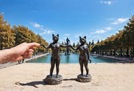 F-B-C, foreground: cat, background: statue, effect: the cat shakes the statue's hand