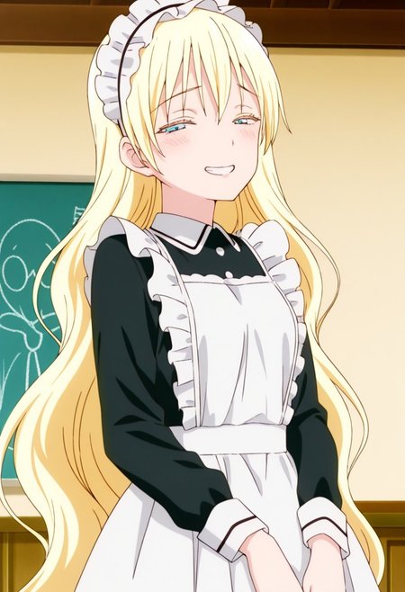 best quality, masterpiece, anime screencap, anime coloring, ultra detailed, source_anime, intricate details, perfect anatomy, 
olivia, 1girl, solo, long hair, blonde hair, very long hair, bangs, blue eyes, bangs, 
apron, long sleeves, maid, black dress, dress, maid apron, white apron, frills, frilled apron, maid headdress, chalkboard, indoors,
small breasts, shiny skin, looking at viewer, shy, smile, teeth, open mouth, clenched teeth, half closed eyes,
face focus,