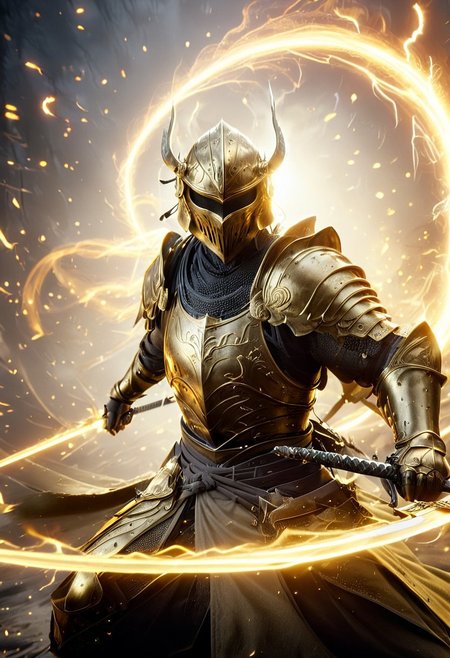 1man, armored samurai in golden samurai armor, wearing samurai helmet and armor,  golden fire, wielding dual swords:1.2, brave perspective, reflection, glowing golden fire, golden lightning shatter, , Curved Sword Slashglowing sword, motion blur, emphasis line, outdoor in the darkness, looking at viewer, katanas